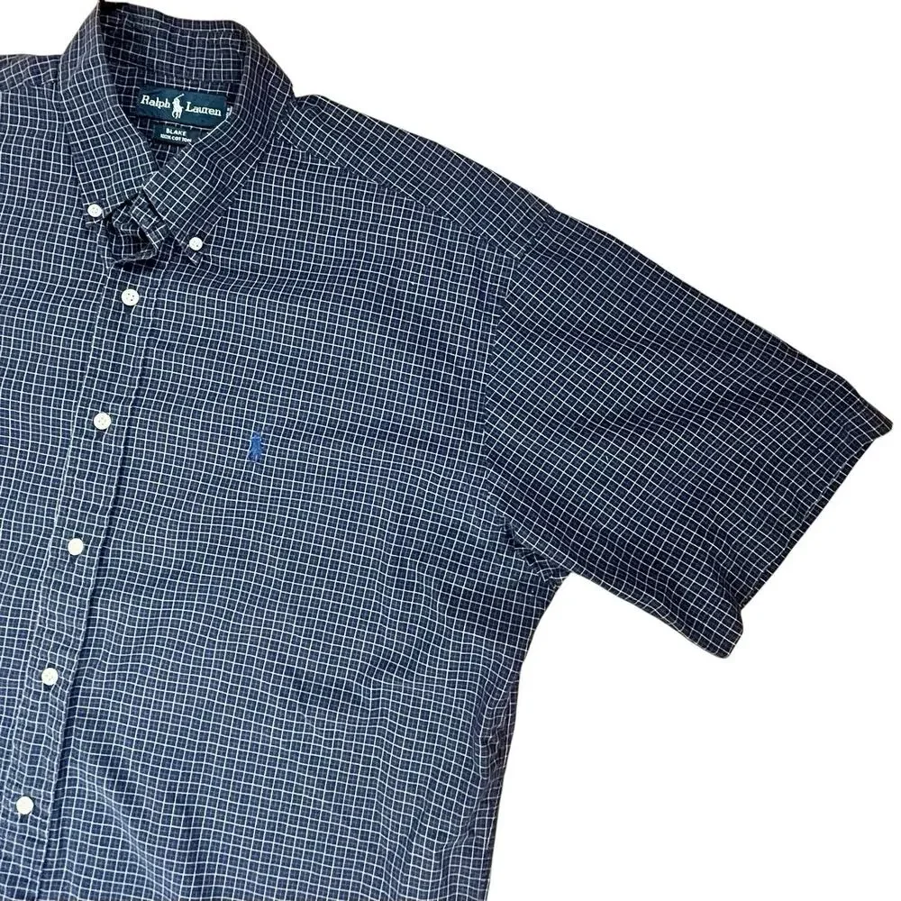 VTG 90s Ralph Lauren Blake Plaid Button Down Shirt L Navy Blue Preppy Oversized